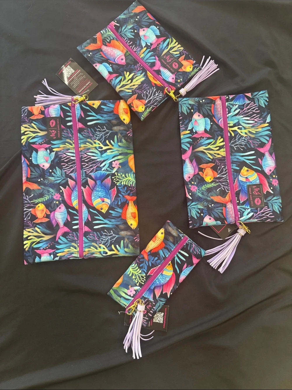 Colorful Fish Print Zipper Pouch with Purple Tassel